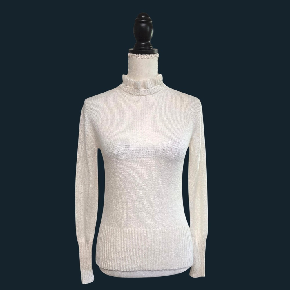 J. Crew Lambswool Blend Ivory Ruffle Mock Neck Sweater XXS Coquette Minimalist